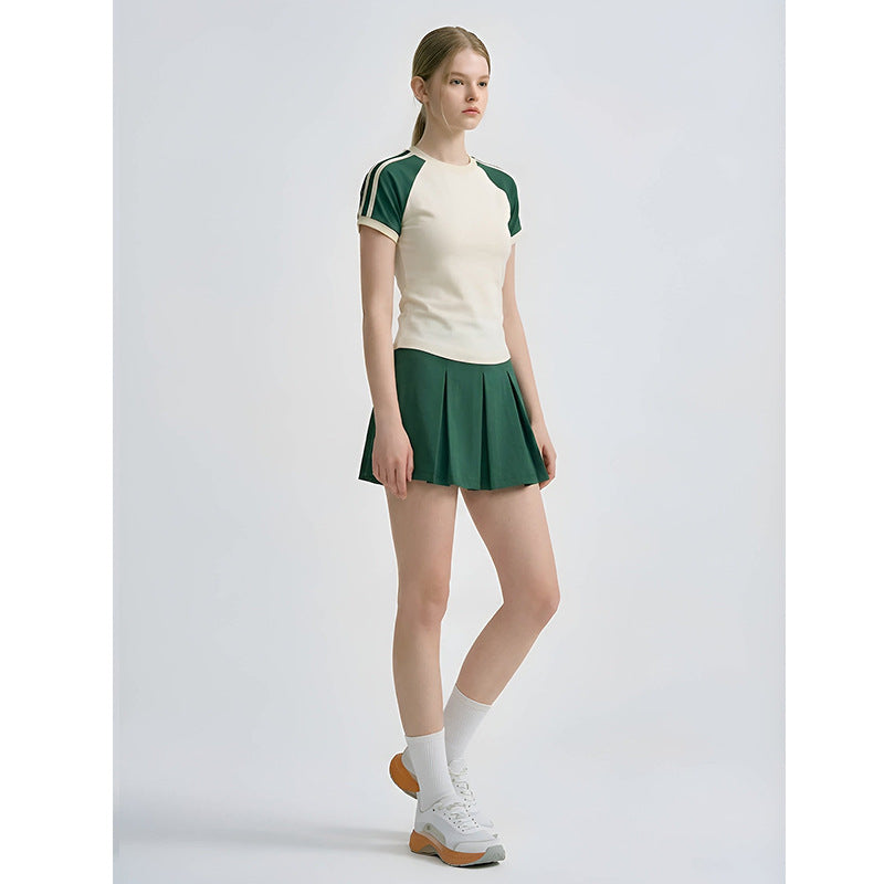 Spring Summer New Striped Fitness Dress with Built-in Pants, Nylon Sports Badminton Tennis Skirt