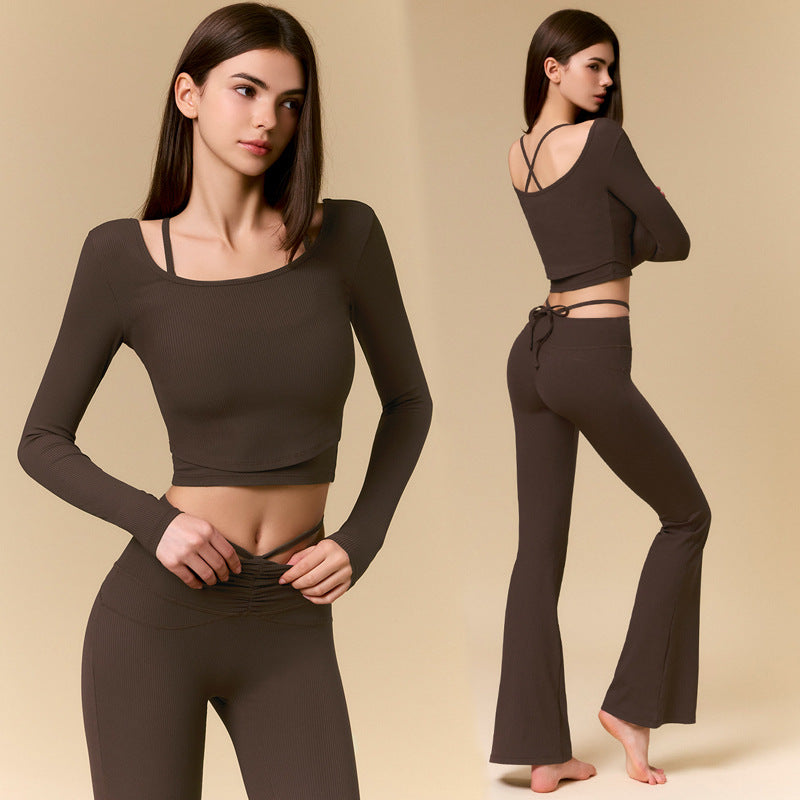 Sexy Fit-Flattering Fitness Set 3-Piece Crop Top with Open Back, Flared Pants, Slim-Fitting Yoga Workout Outfit