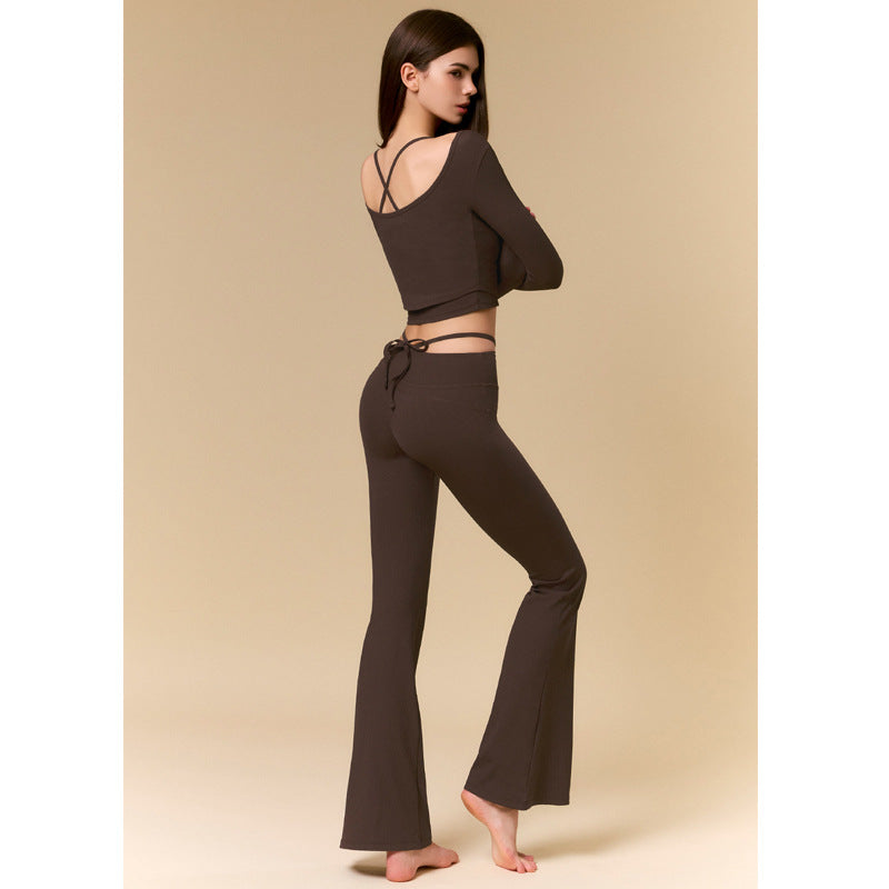 Sexy Fit-Flattering Fitness Set 3-Piece Crop Top with Open Back, Flared Pants, Slim-Fitting Yoga Workout Outfit