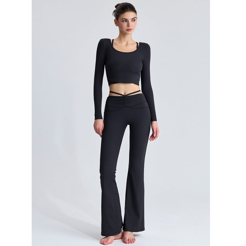 Sexy Fit-Flattering Fitness Set 3-Piece Crop Top with Open Back, Flared Pants, Slim-Fitting Yoga Workout Outfit