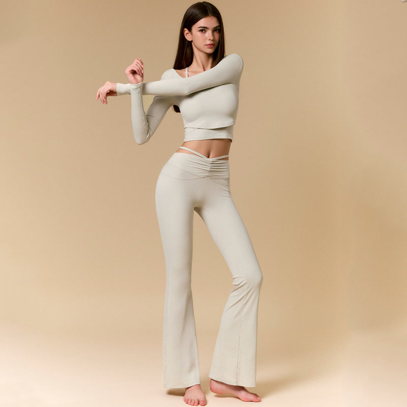 Sexy Fit-Flattering Fitness Set 3-Piece Crop Top with Open Back, Flared Pants, Slim-Fitting Yoga Workout Outfit