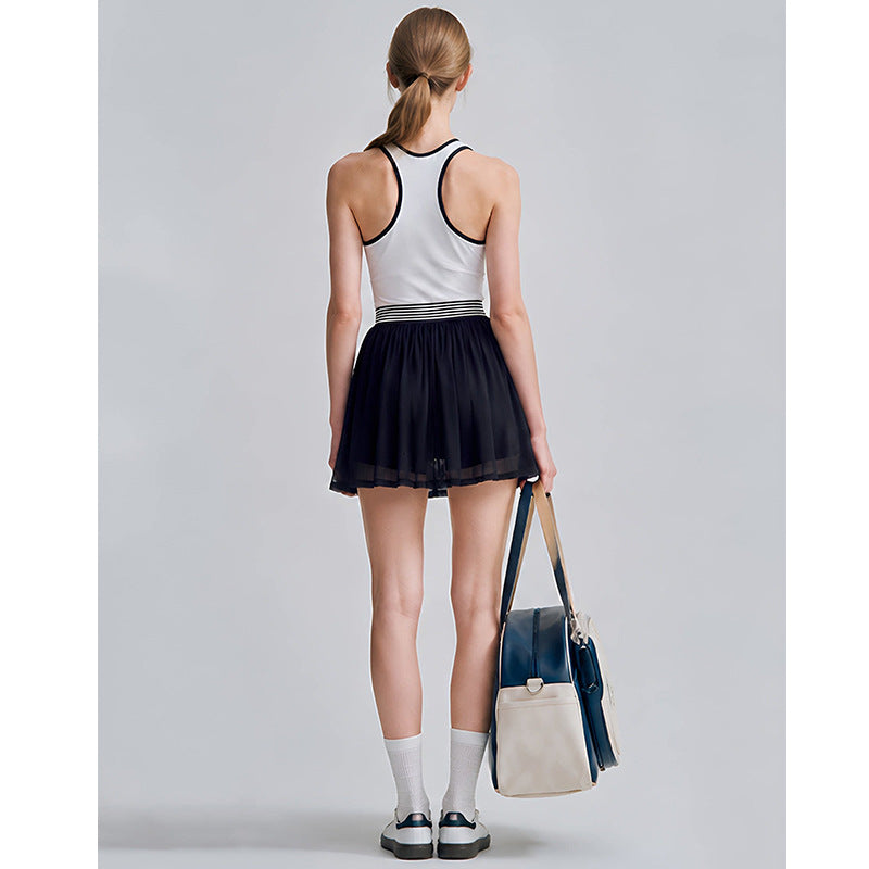 26 Spring/Summer New Stripe Fitness Dress with Built-in Shorts, Nylon Sporty INS Style Badminton Tennis Skirt