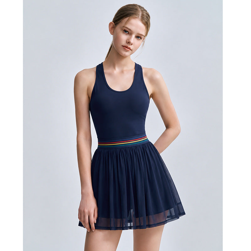 26 Spring/Summer New Stripe Fitness Dress with Built-in Shorts, Nylon Sporty INS Style Badminton Tennis Skirt