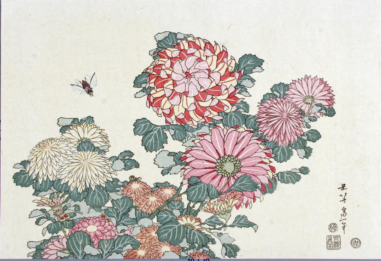 Chrysanthemums and Bee by Katsushika Hokusai — canvas print artwork