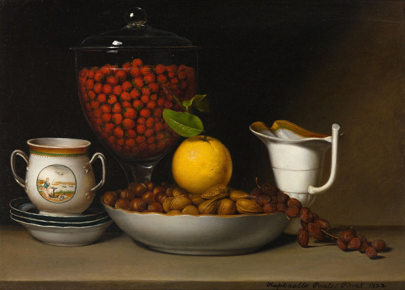 Still Life with Strawberries and Nuts — Raphaelle Peale at 16 by 20 inches, shown to scale
