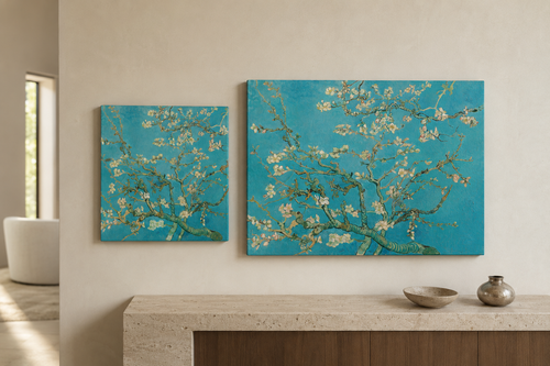 Almond Blossom canvas print in two sizes styled in a warm minimal interior