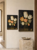 Flowers in a Glass Vase canvas print in two sizes styled in a warm minimal interior