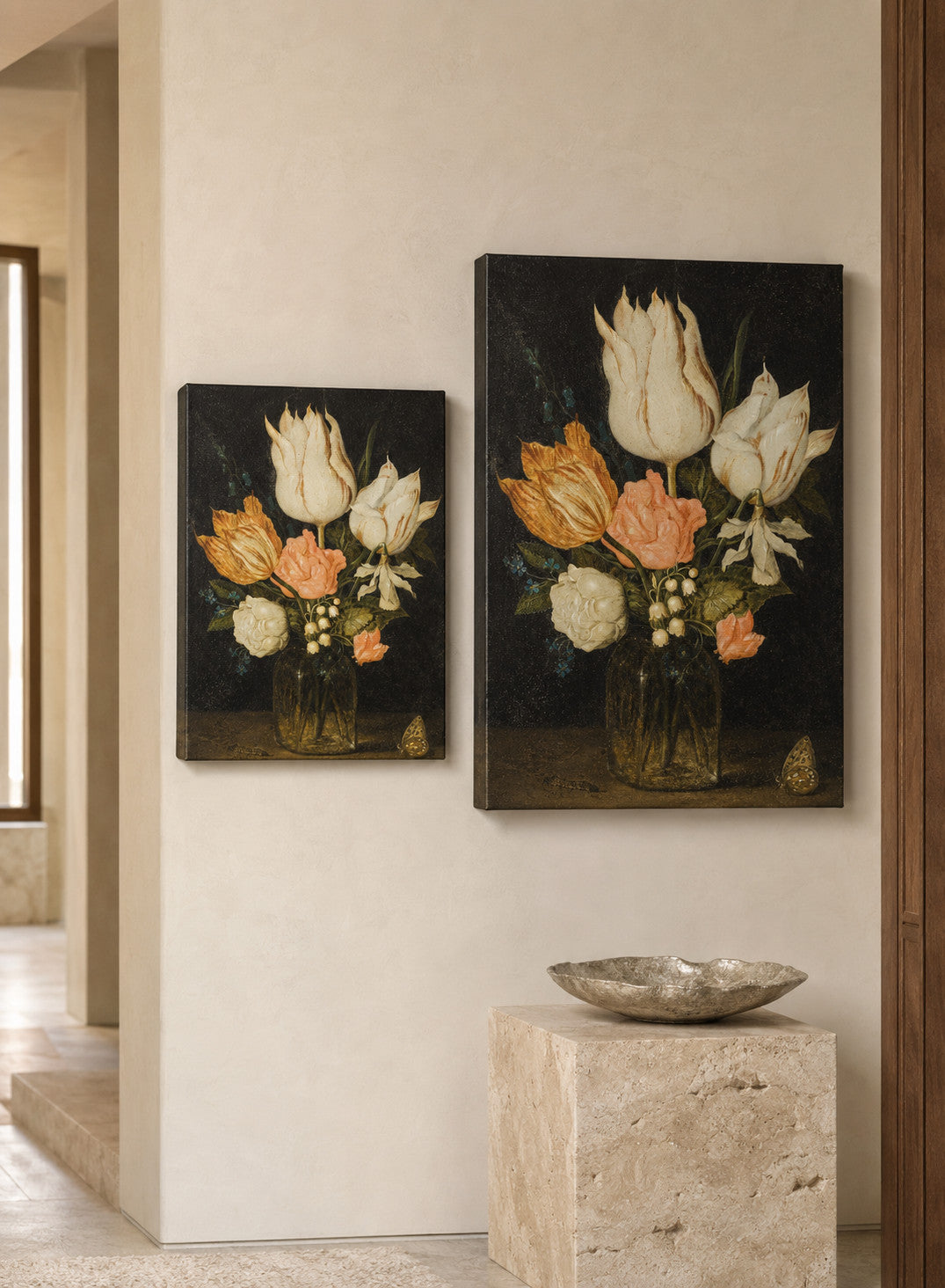 Flowers in a Glass Vase canvas print in two sizes styled in a warm minimal interior