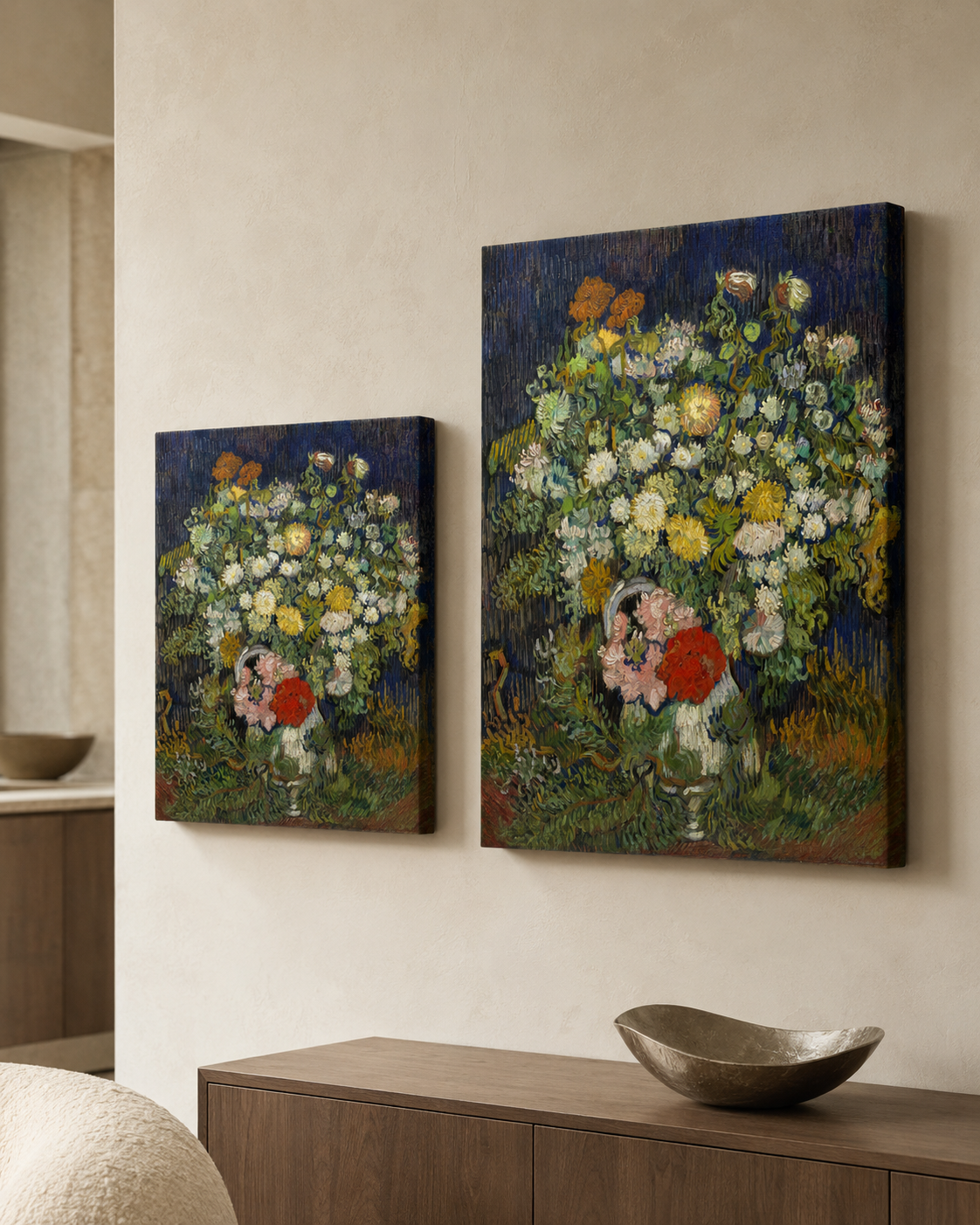 The Collector's Trio — Bouquet of Flowers in a Vase shown to scale in a warm interior