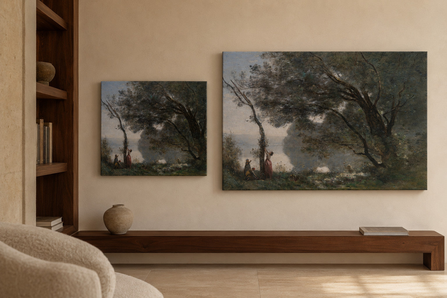Souvenir de Mortefontaine canvas print in two sizes styled in a warm minimal interior