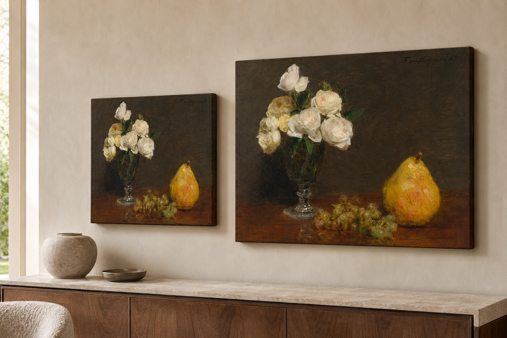 Still Life with Roses and Fruit canvas print in two sizes styled in a warm minimal interior