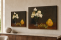 Still Life with Roses and Fruit canvas print in two sizes styled in a warm minimal interior