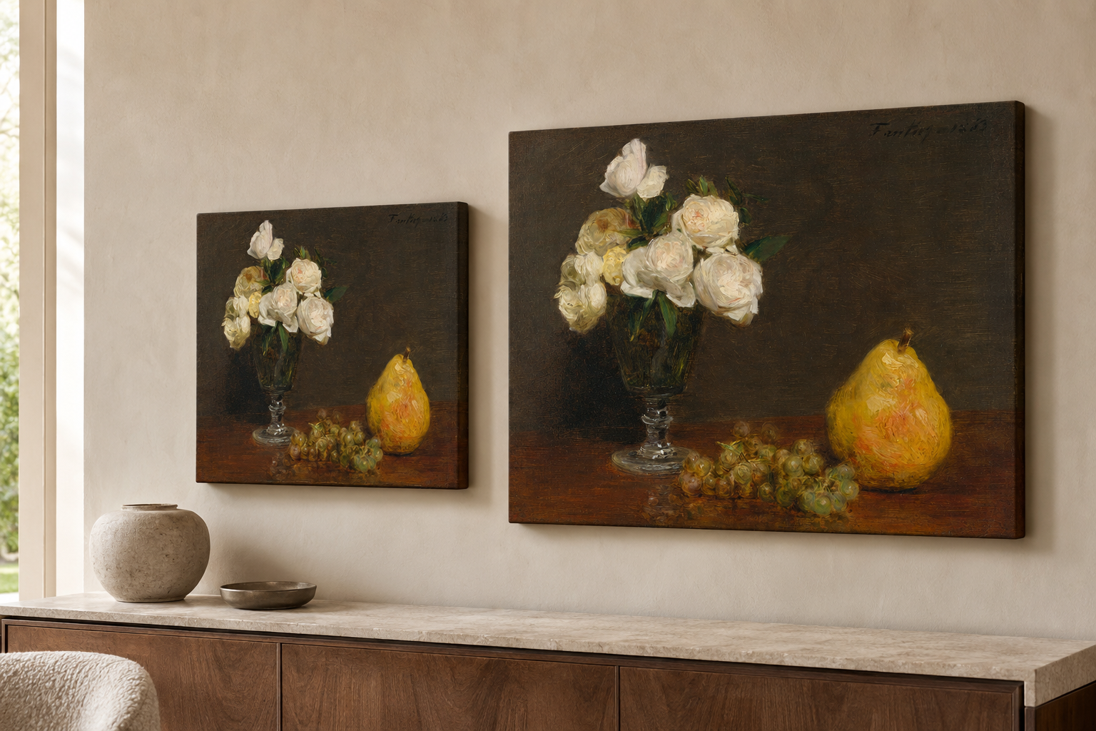 Still Life with Roses and Fruit canvas print in two sizes styled in a warm minimal interior