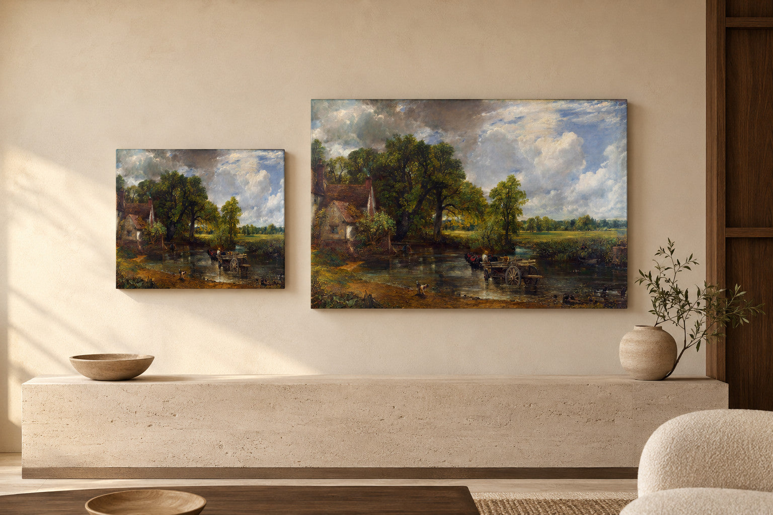 The Hay Wain canvas print in two sizes styled in a warm minimal interior