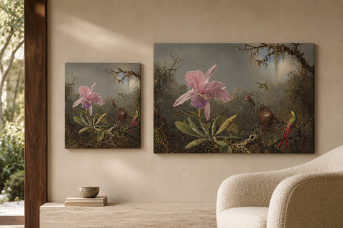 Cattleya Orchid and Three Hummingbirds canvas print in two sizes styled in a warm minimal interior
