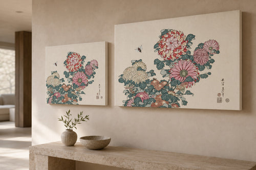 Chrysanthemums and Bee canvas print in two sizes styled in a warm minimal interior