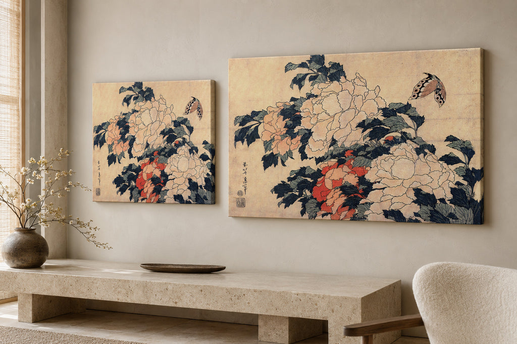 Peonies and Butterfly canvas print in two sizes styled in a warm minimal interior