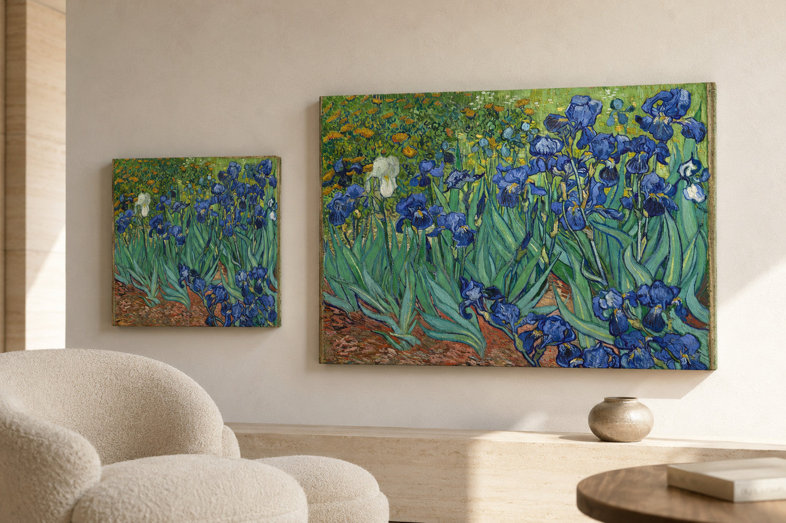 Irises canvas print in two sizes styled in a warm minimal interior