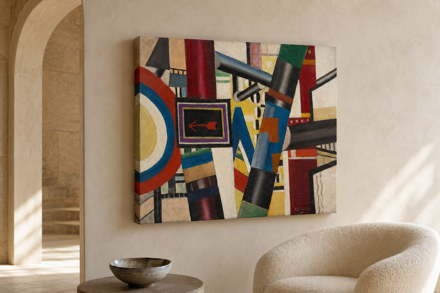 The Railway Crossing canvas print in two sizes styled in a warm minimal interior