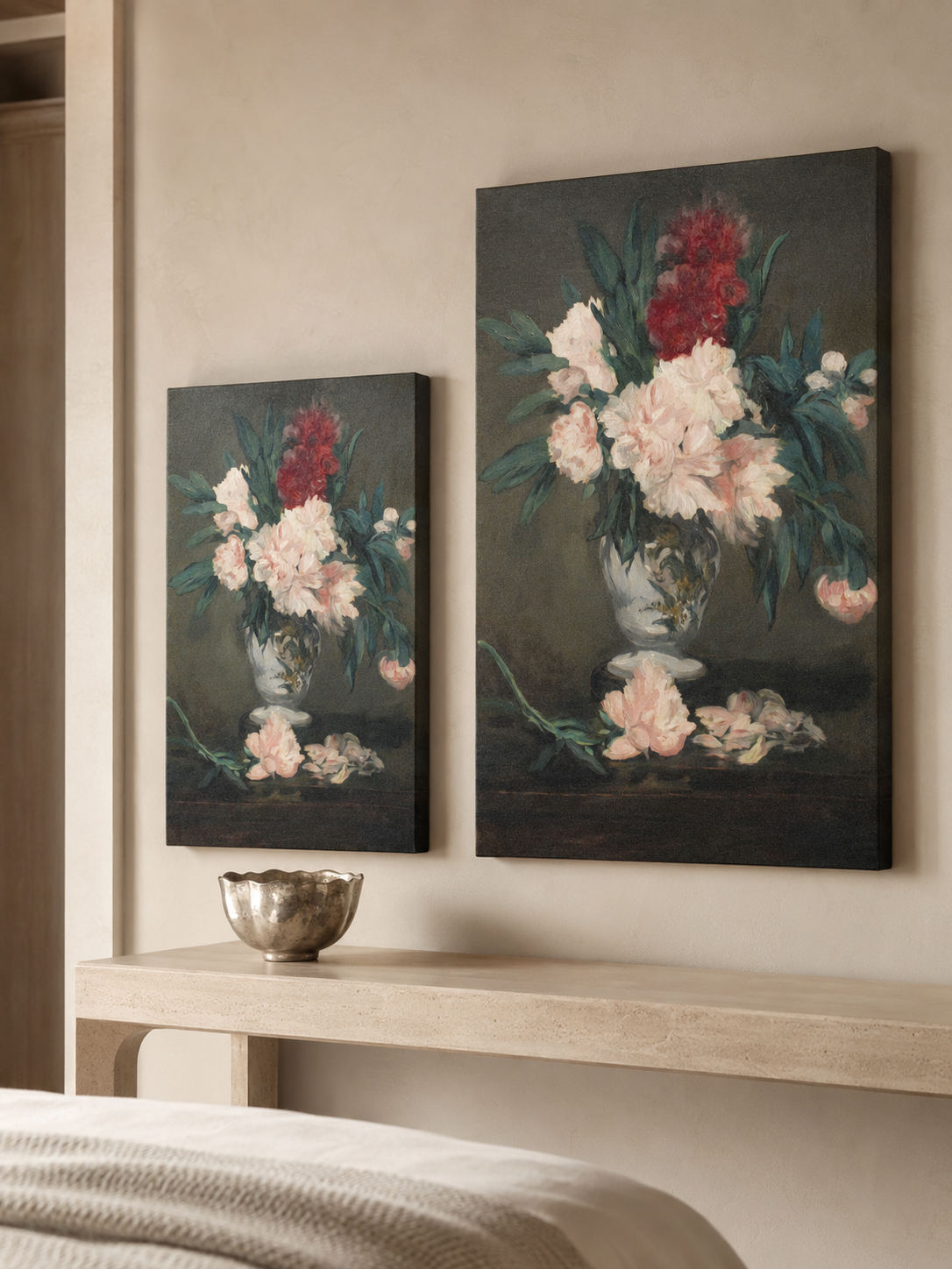 Peonies canvas print in two sizes styled in a warm minimal interior