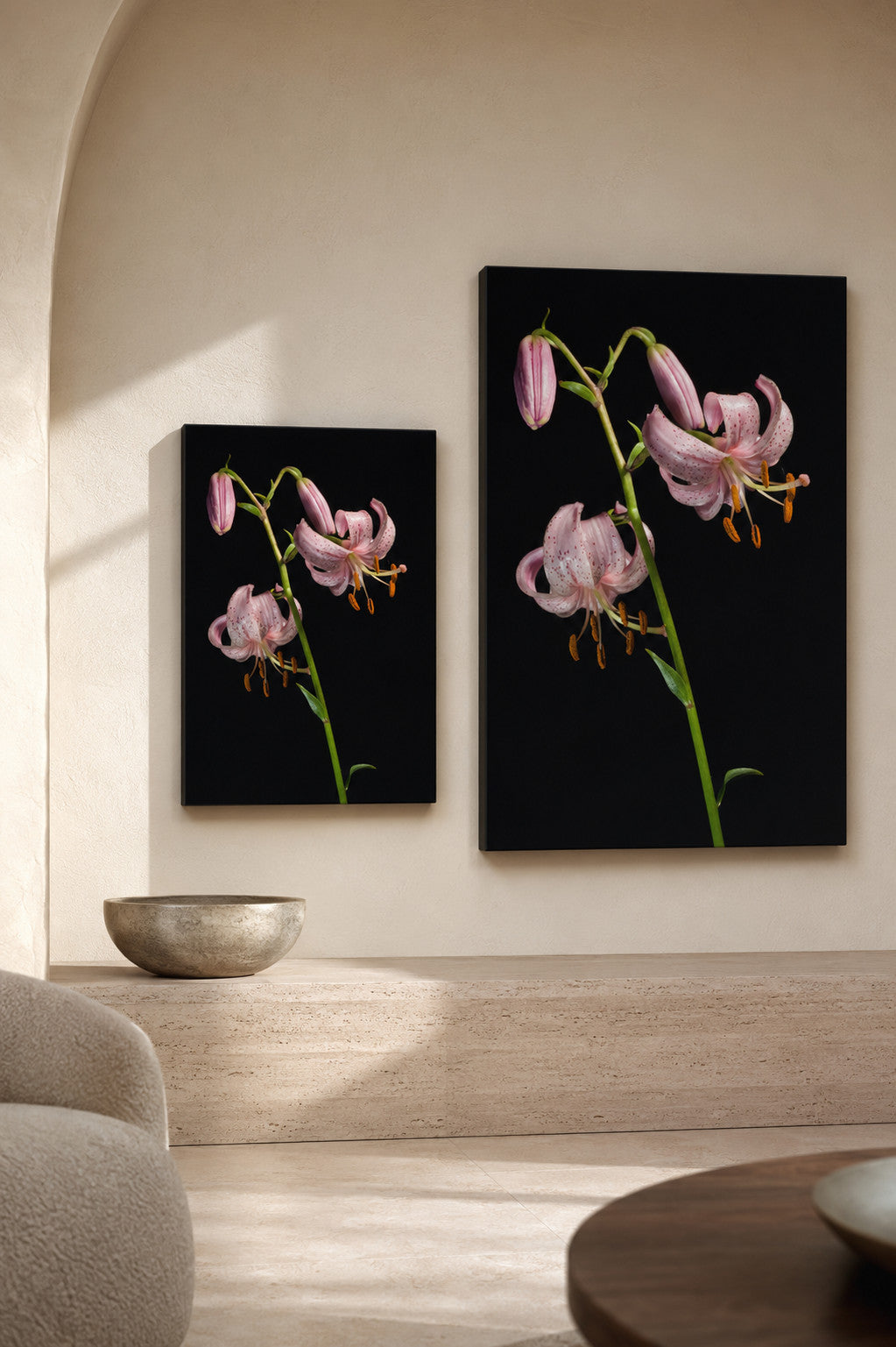 Pink Martagon Lily canvas print in two sizes styled in a warm minimal interior