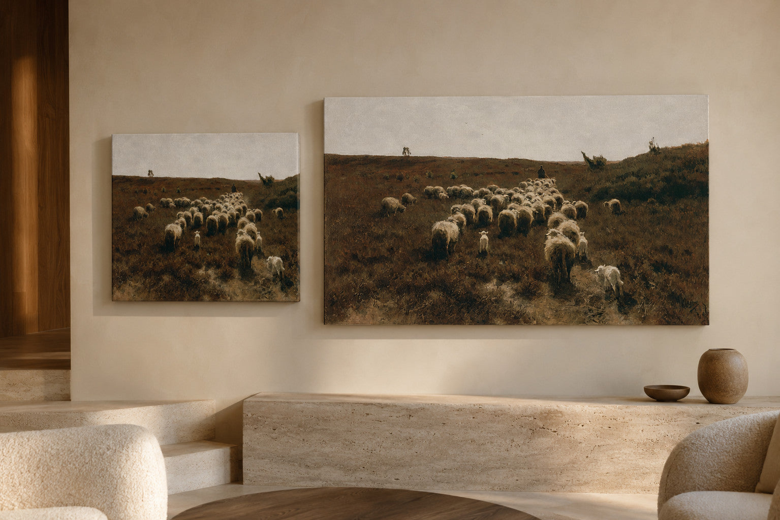 The Return of the Flock canvas print in two sizes styled in a warm minimal interior