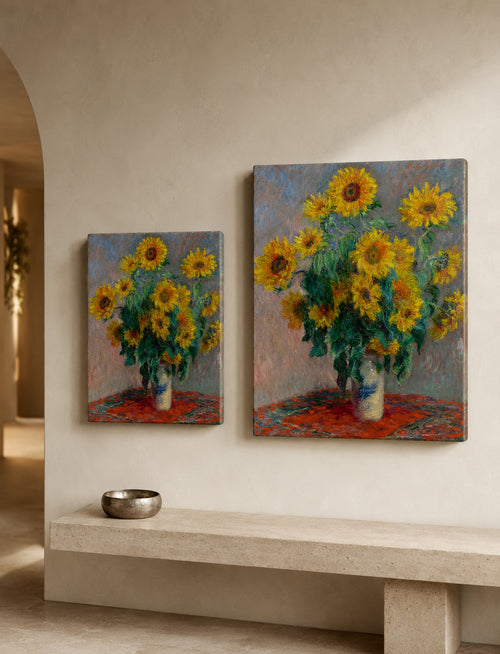 Bouquet of Sunflowers canvas print in two sizes styled in a warm minimal interior