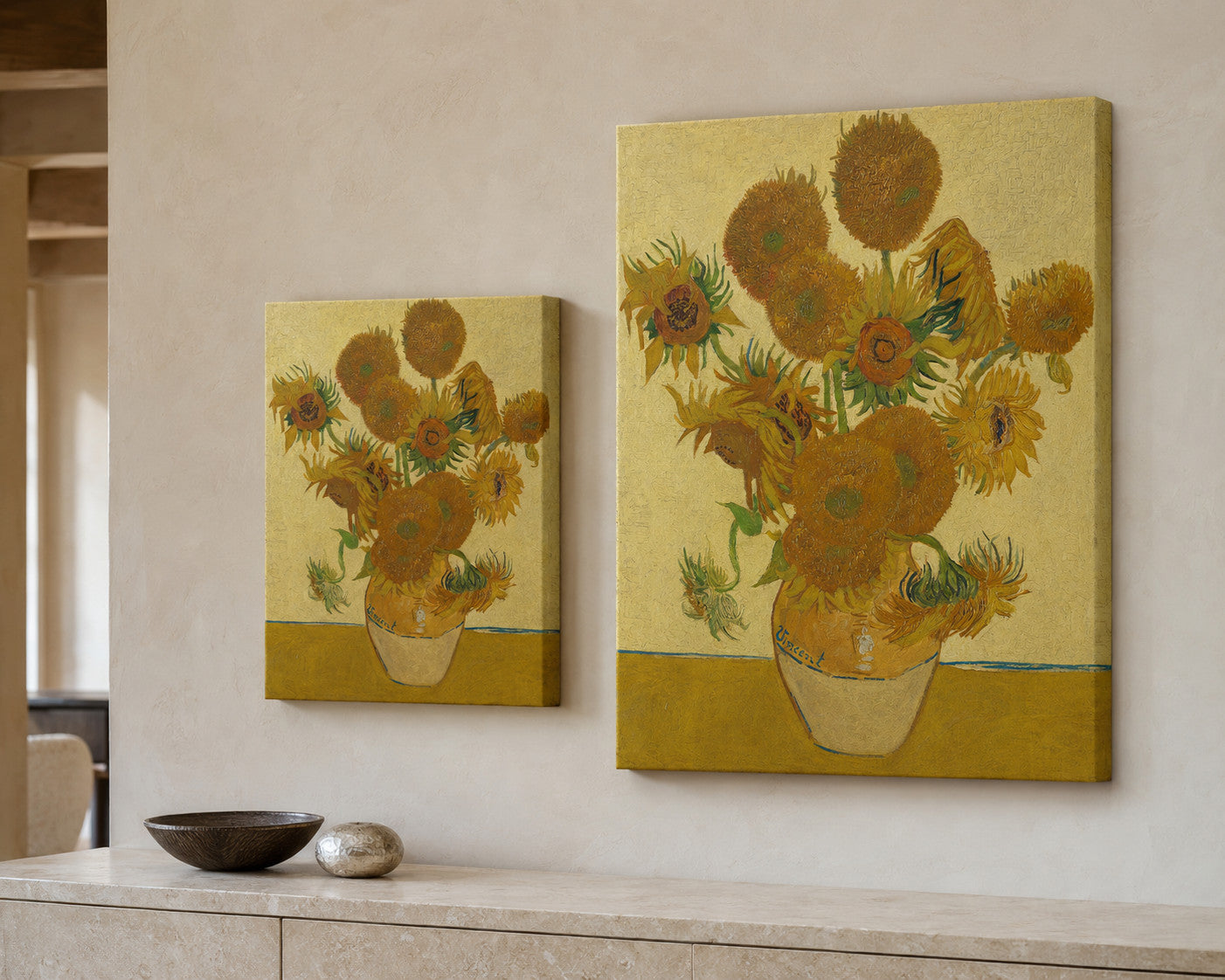Sunflowers canvas print in two sizes styled in a warm minimal interior