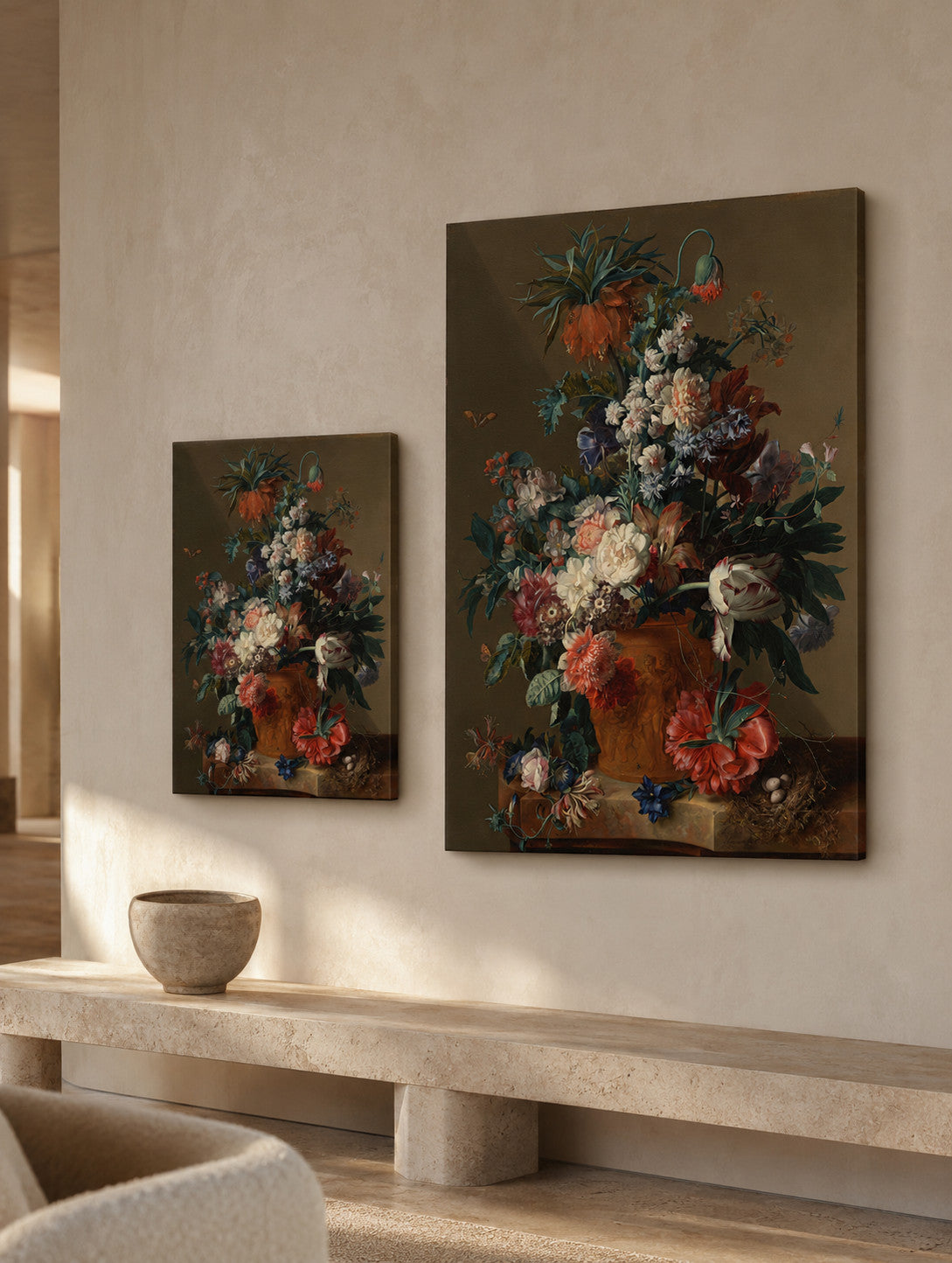 Vase of Flowers canvas print in two sizes styled in a warm minimal interior