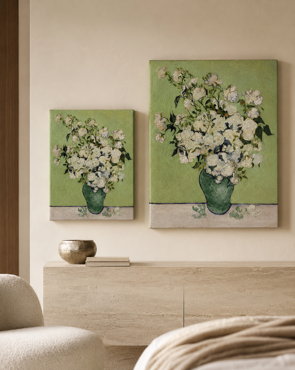 Vase of Roses canvas print in two sizes styled in a warm minimal interior