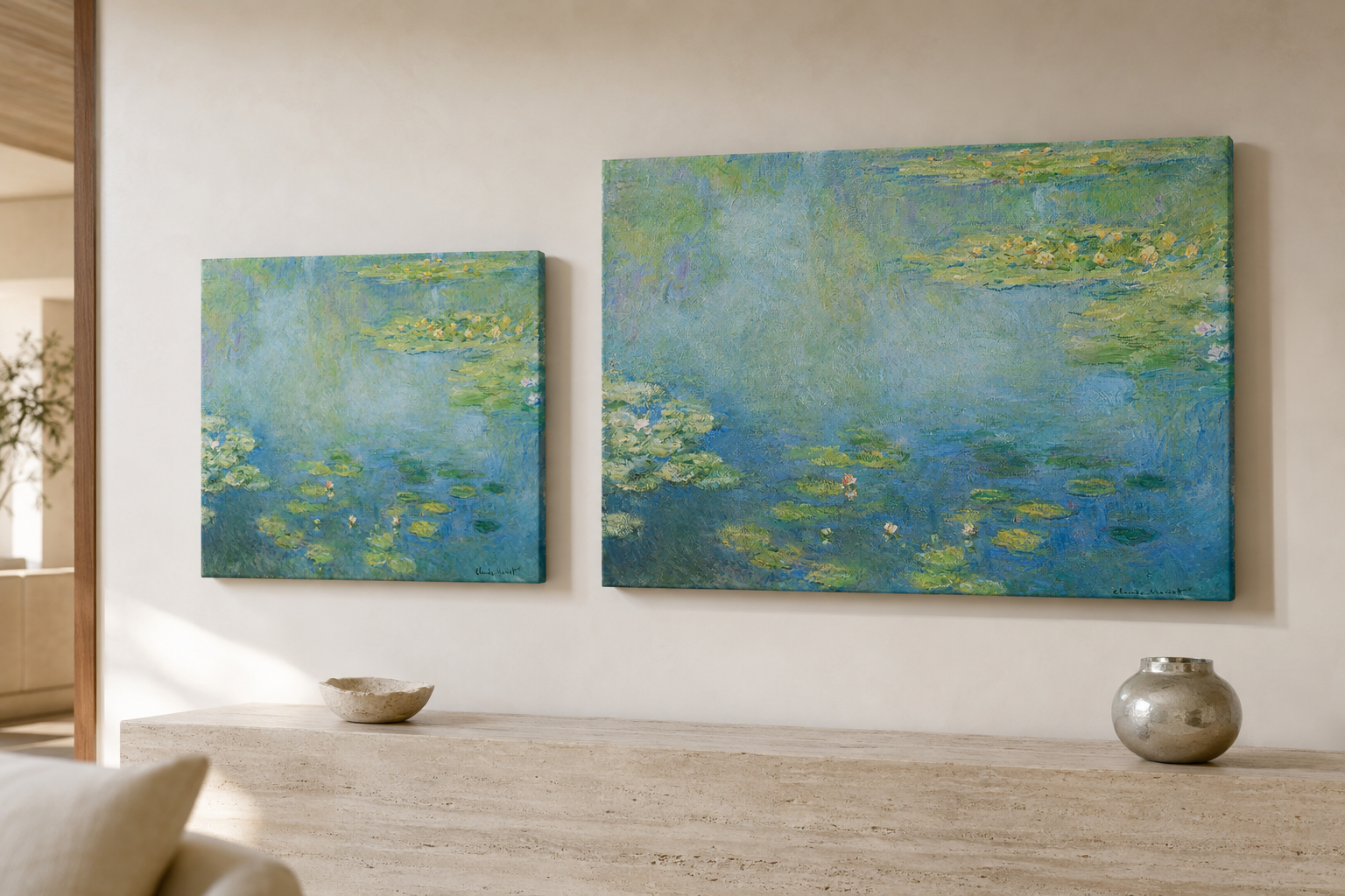 Water Lilies canvas print in two sizes styled in a warm minimal interior