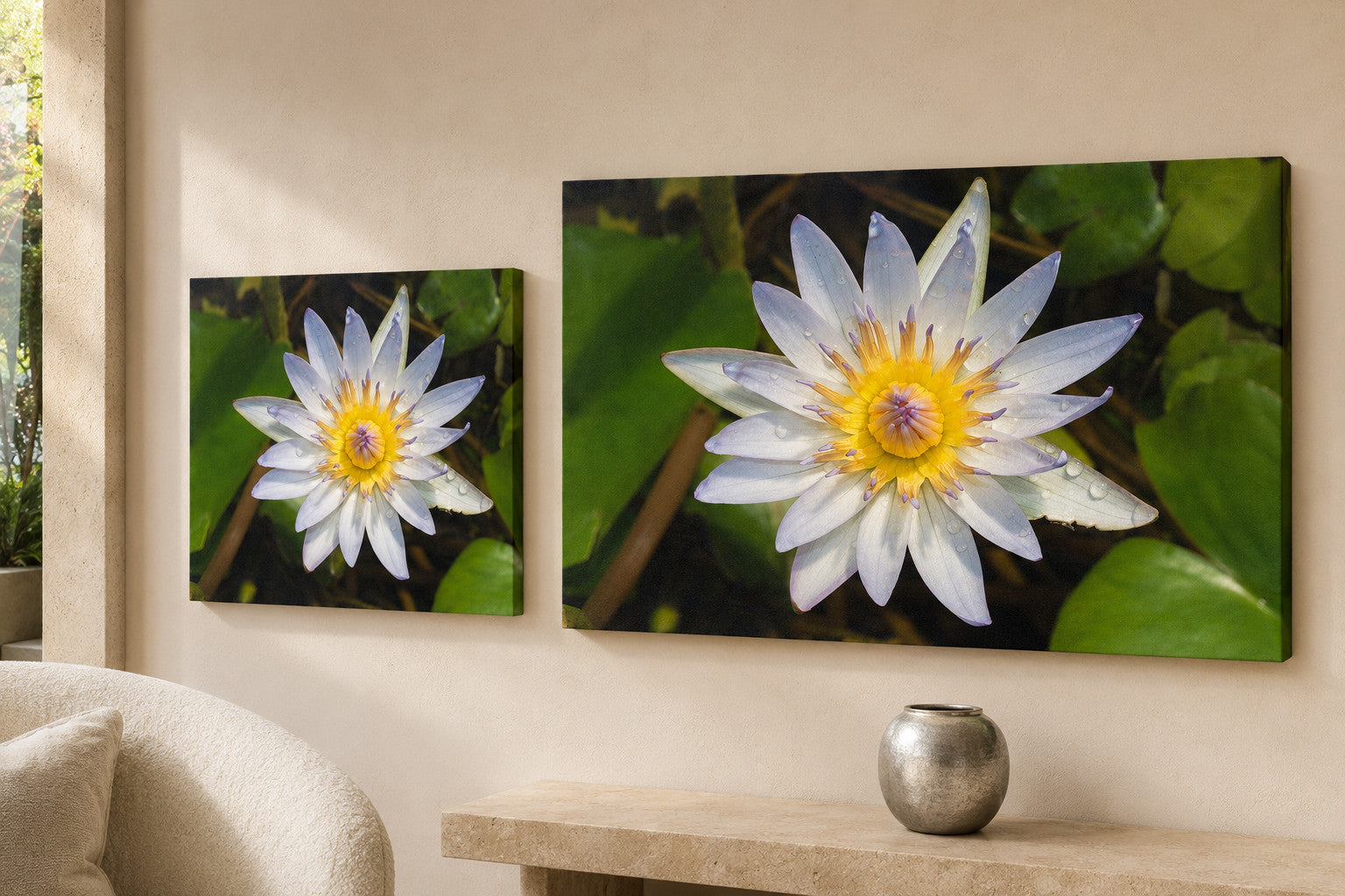 White Water Lily canvas print in two sizes styled in a warm minimal interior